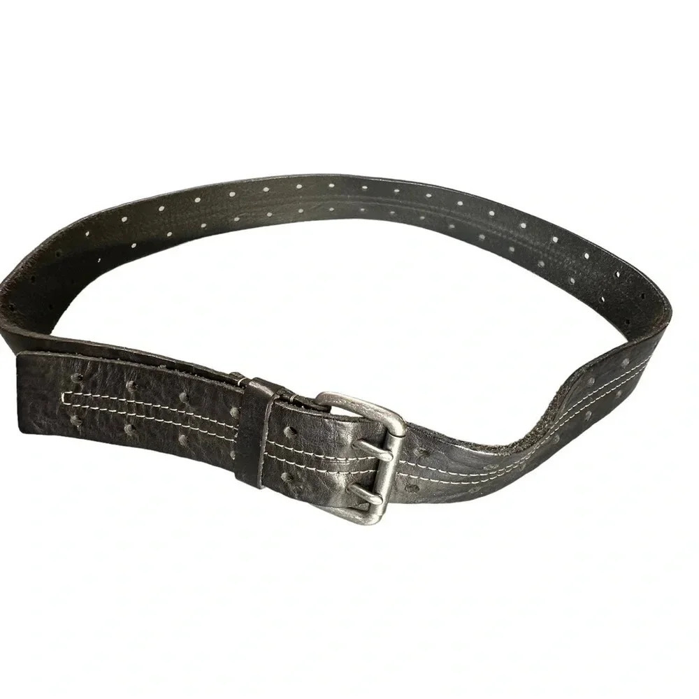 Old Navy Leather Belt Large Black Double Prong Stitch Made in England 384023